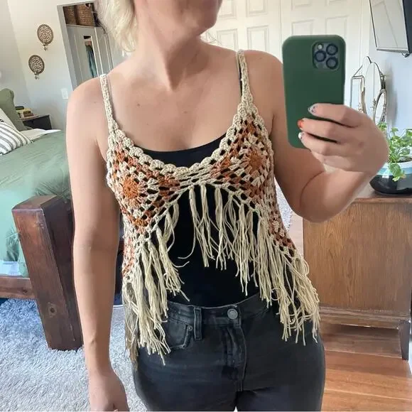 Vintage | Handmade Crocheted Sleeveless Tank Boho Tassels Festival Fringe Top S - Picture 2 of 6